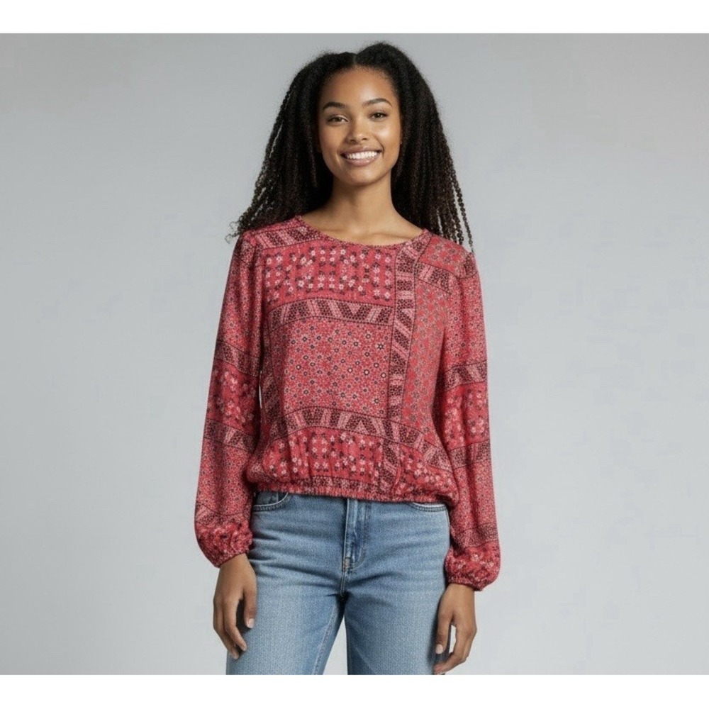 Loft‎ Waist Crop Blouse M Red Boho Patchwork Floral Long Sleeve Peasant Top